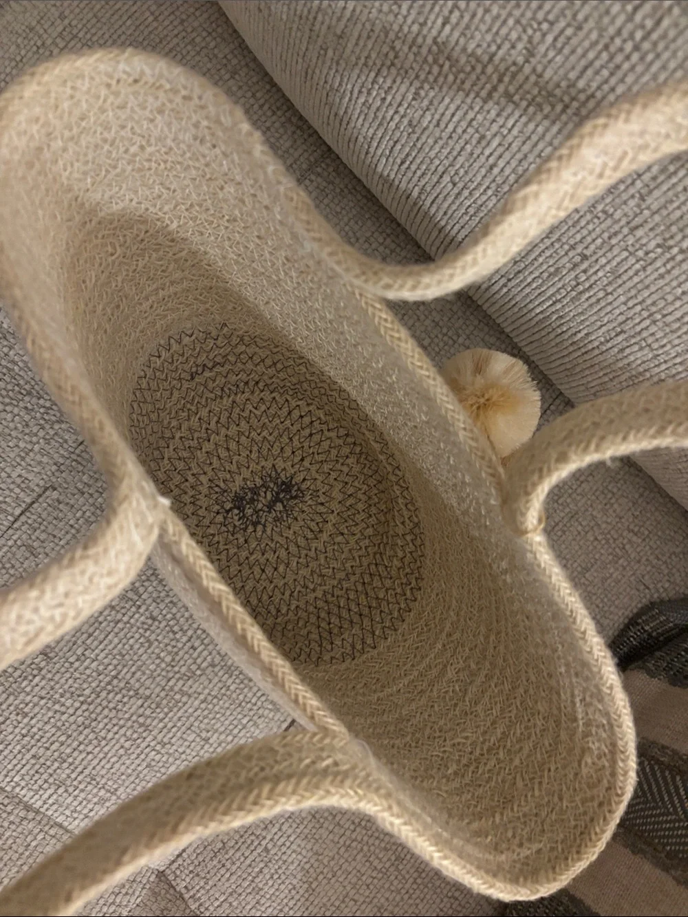 Neutral Beige Woven Tote Bag with Pom-Pom Accents